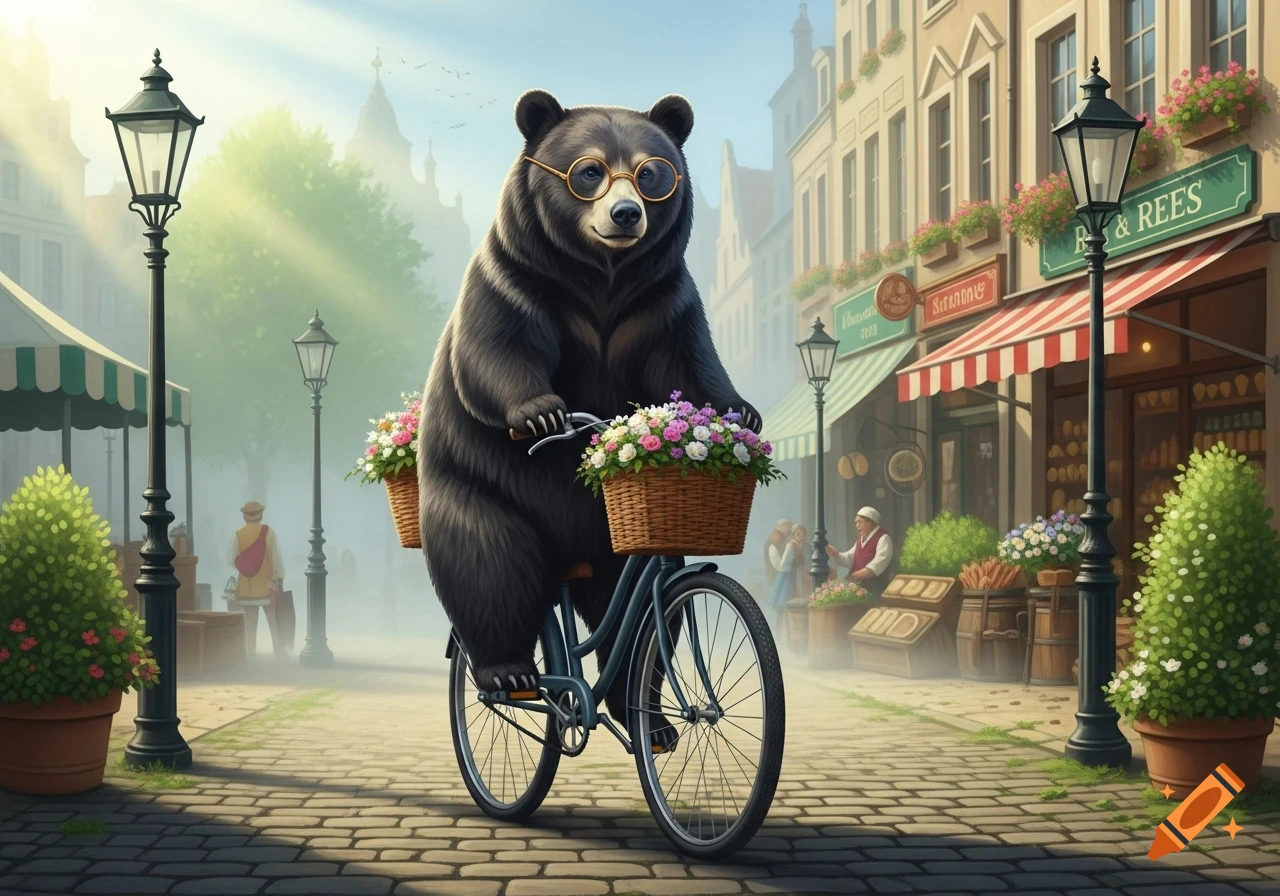A black bear wearing round glasses rides a bicycle with baskets full of flowers down a cobblestone street in a charming European town.