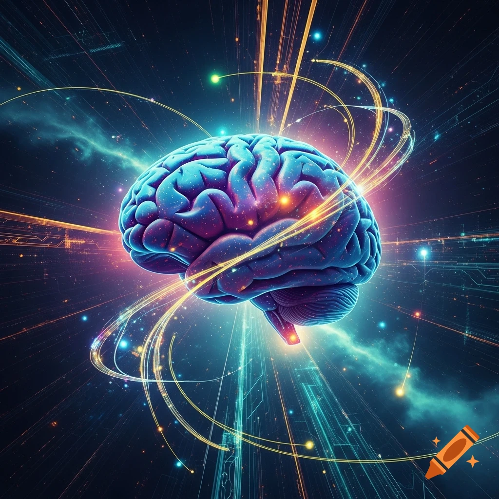 A vibrant, glowing blue and purple brain surrounded by golden and blue light trails against a dark, cosmic background, depicting abstract technology.