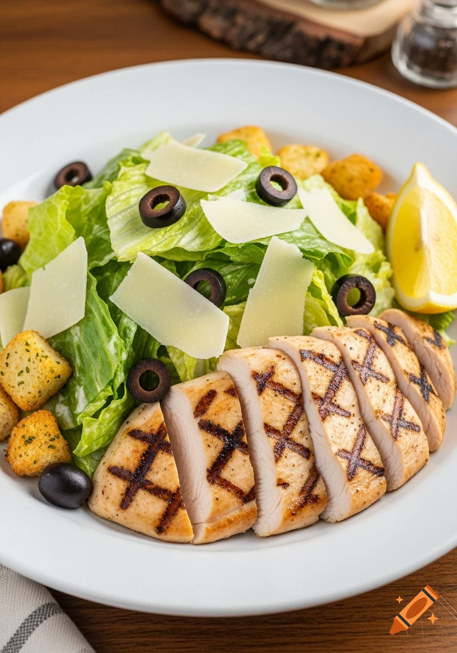 A close-up, photorealistic image of a grilled chicken Caesar salad with parmesan shavings, black olives, croutons, and a lemon wedge.