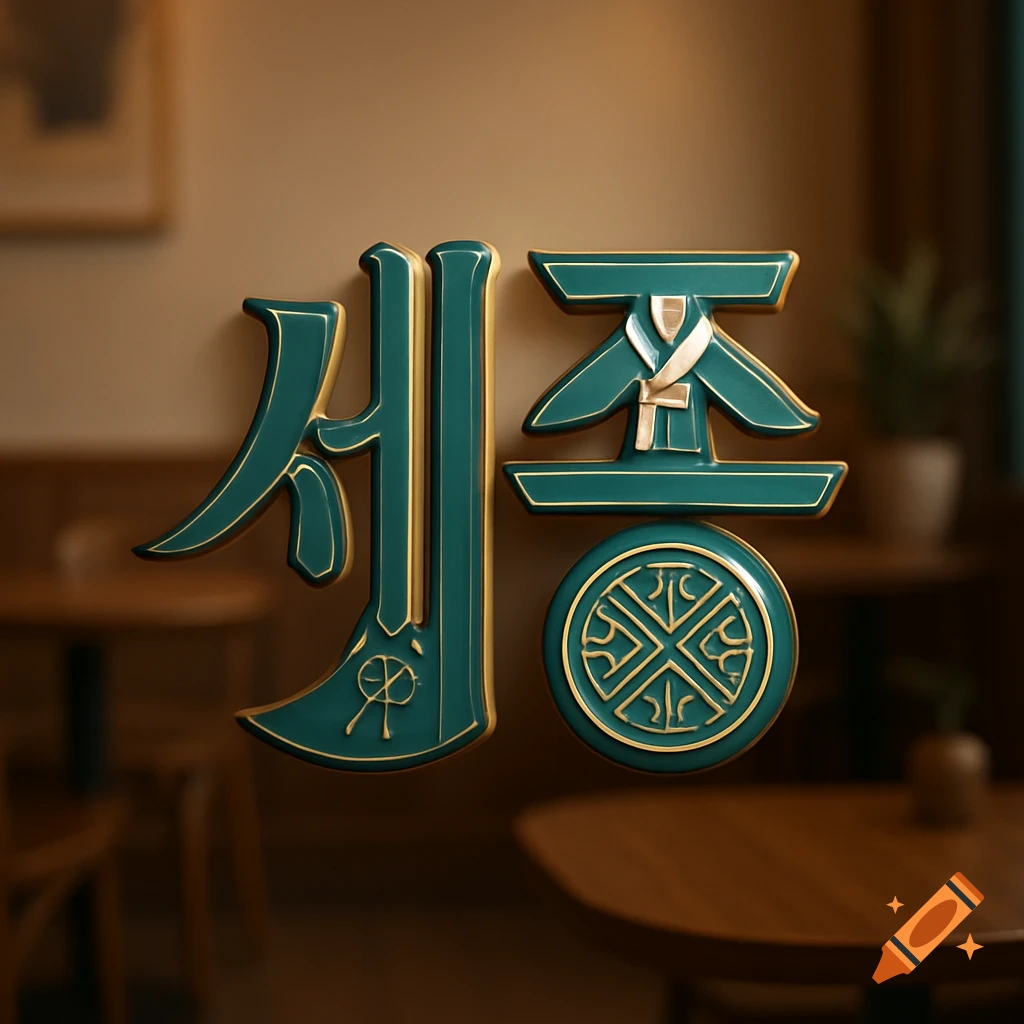 Stylized 3D Korean text " 세종 " in teal and gold, resembling a logo, set against a blurry cafe background.