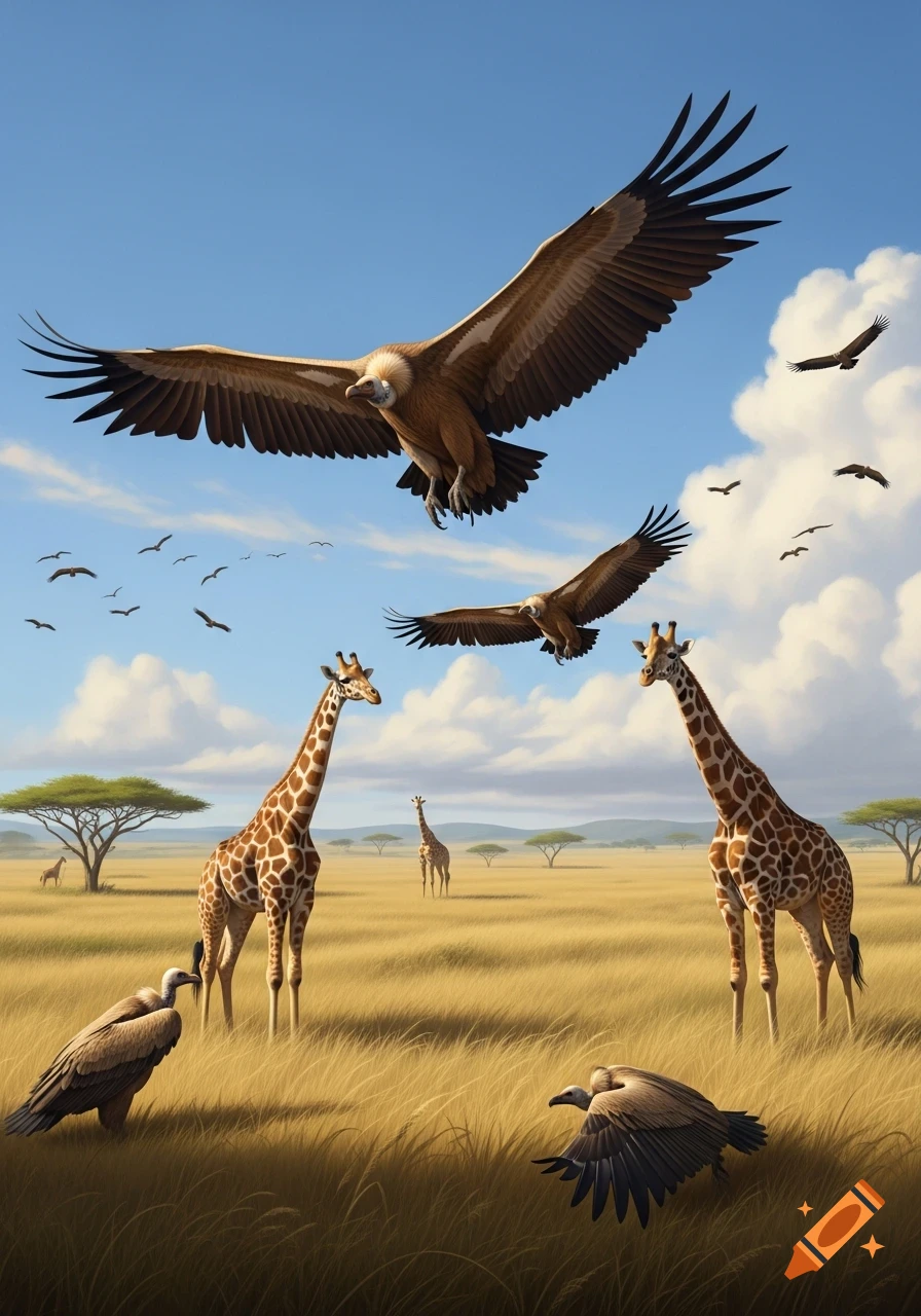 Photorealistic vultures flying and on the ground with giraffes in sunny savanna plains.