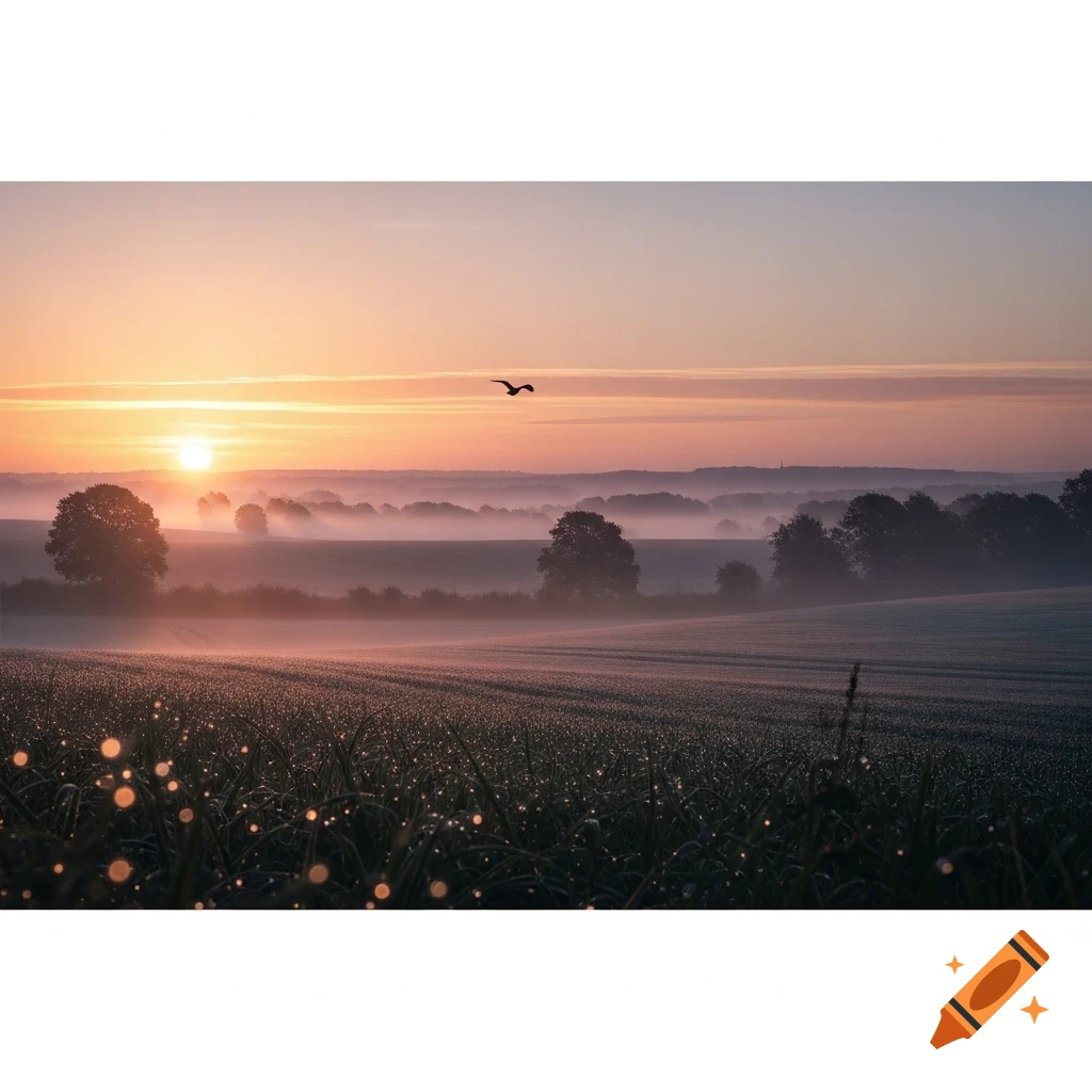 A serene, misty field at sunrise, with dew drops sparkling on the grass and a bird flying in the soft, warm light.