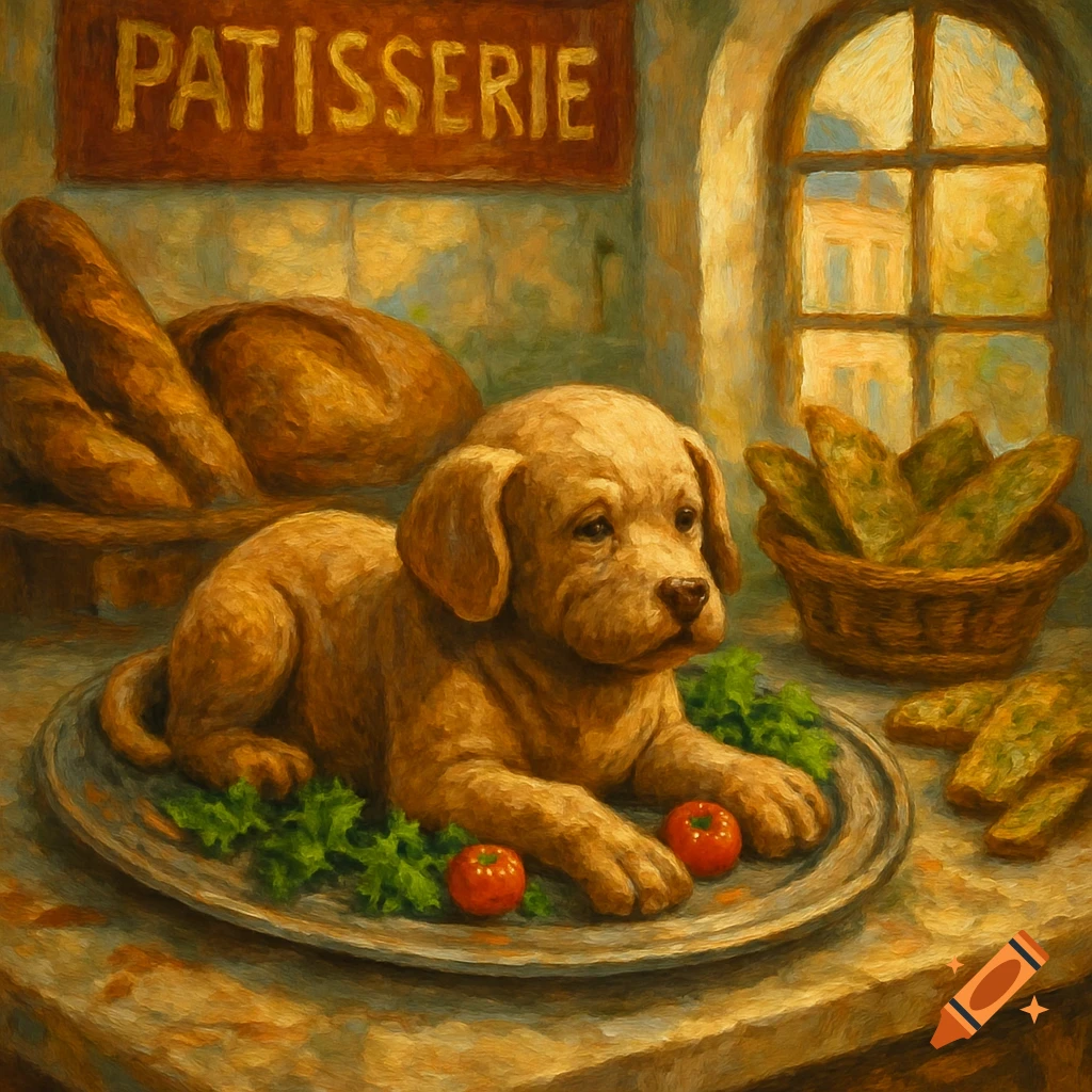 A golden dog-shaped cake on a platter with lettuce and tomatoes in a painterly bakery scene with bread and a sign reading "PATISSERIE".