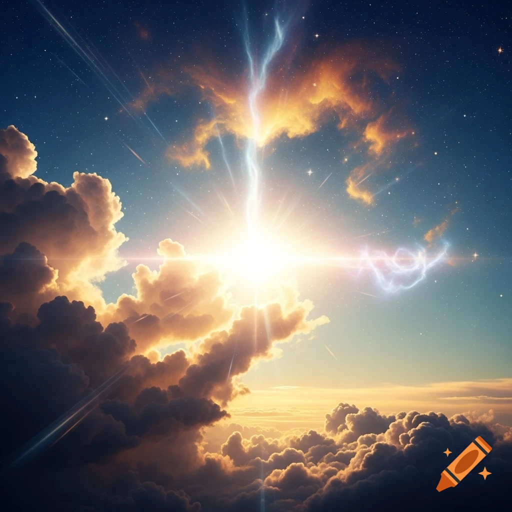 A brilliant light bursts through golden clouds in a dark blue, starry sky with ethereal energy trails.