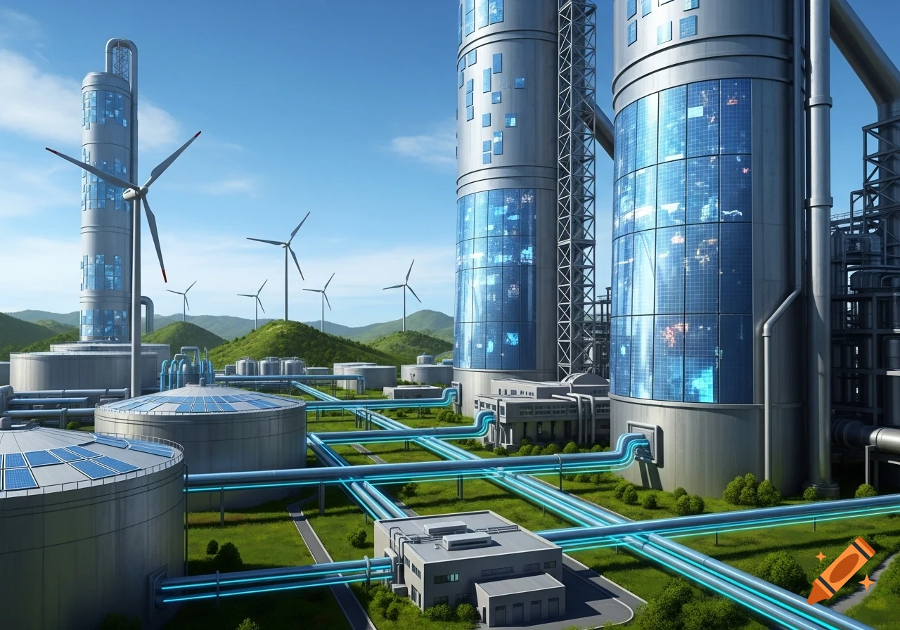 A futuristic industrial complex with large cylindrical buildings, glowing pipelines, wind turbines on green hills, and solar panel tanks.