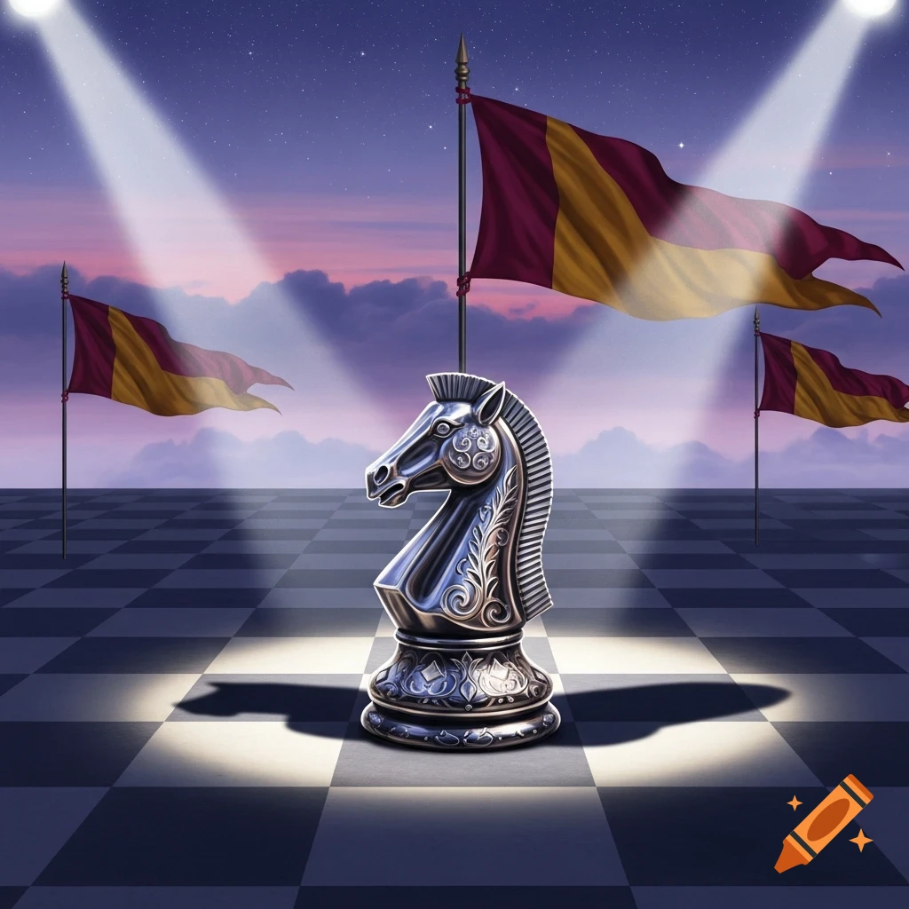 A detailed metallic chess knight stands on a chessboard under spotlights, with waving flags and a starry night sky in the background.