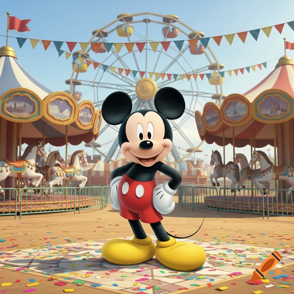 Smiling Mickey Mouse stands at a colorful carnival with a Ferris wheel, carousels, and confetti on the ground.