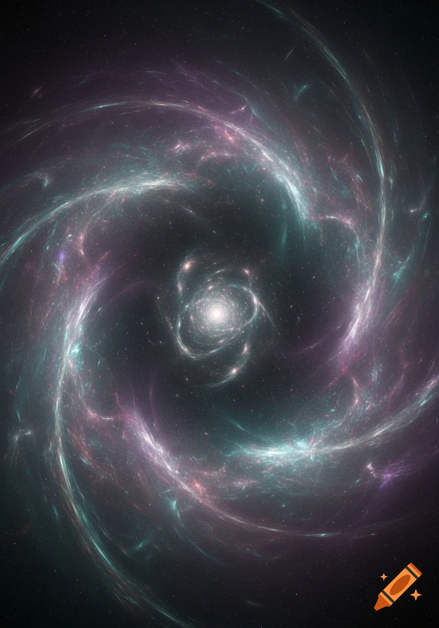 A vibrant, swirling galaxy or nebula with a bright core, illuminated by purple, blue, and pink cosmic dust against a starry dark space.