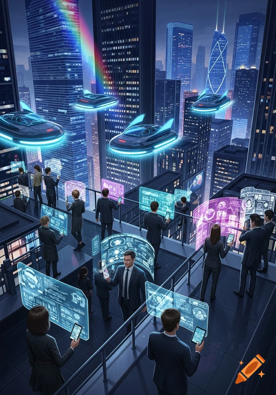 Futuristic cityscape at night with flying cars and people interacting ...