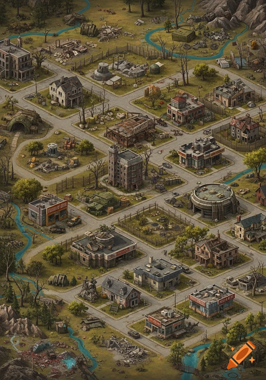 An isometric map for a zombie apocalypse game, showing a town with destroyed buildings, debris, bunkers, military vehicles, and winding roads and rivers.