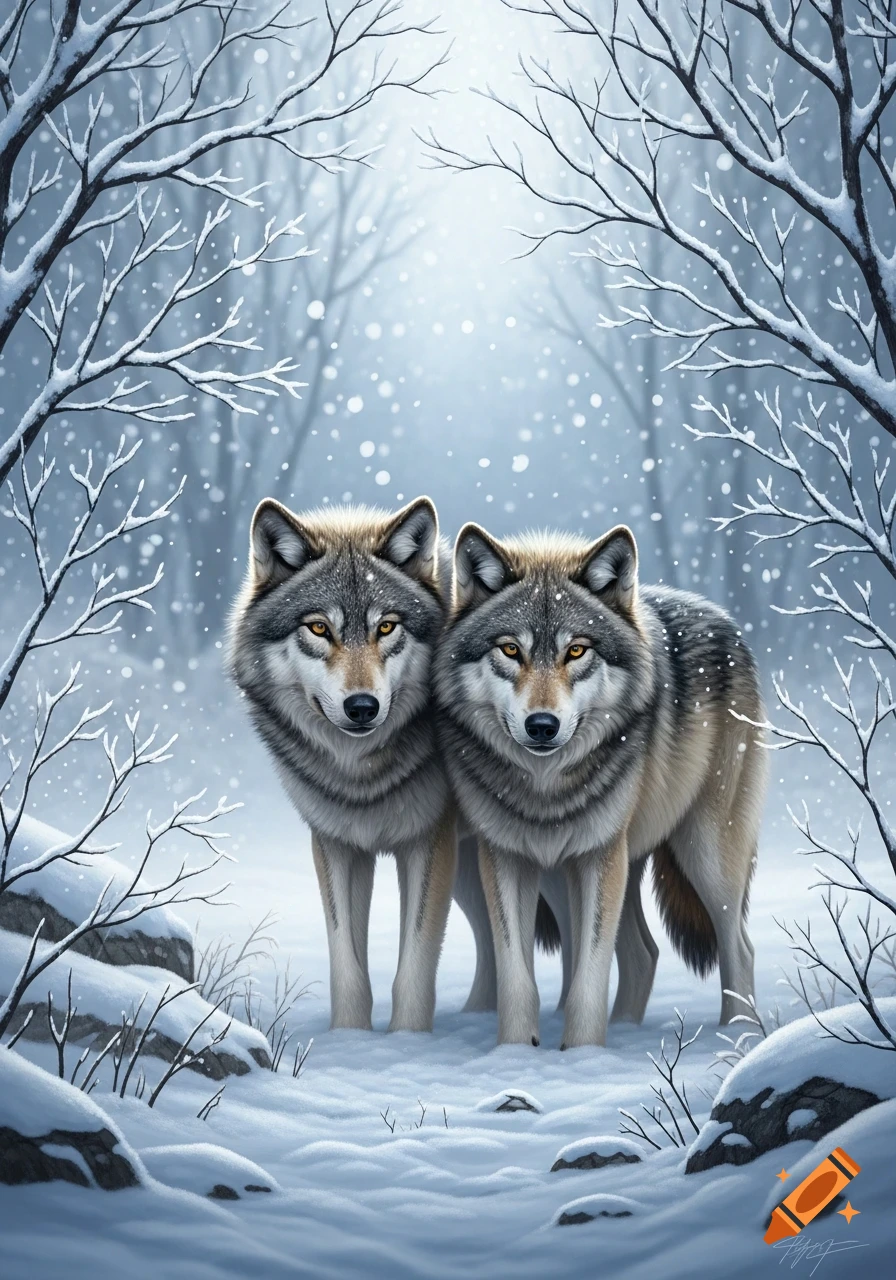 Two wolves stand side-by-side in a snowy winter forest with snowflakes falling.