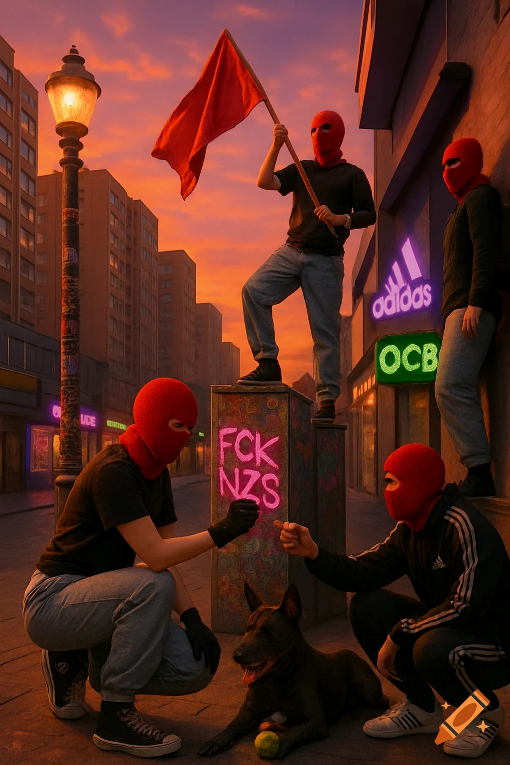 Four masked figures with a dog in an urban street at sunset. One holds a red flag, another paints "FCK NZS" on a box.