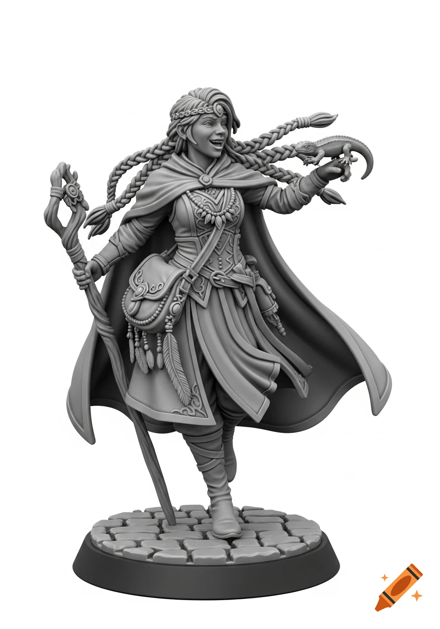 Detailed grayscale 3D print model of a smiling female fantasy character with braided hair, a staff, cape, and a lizard on her hand, standing on a cobblestone base.