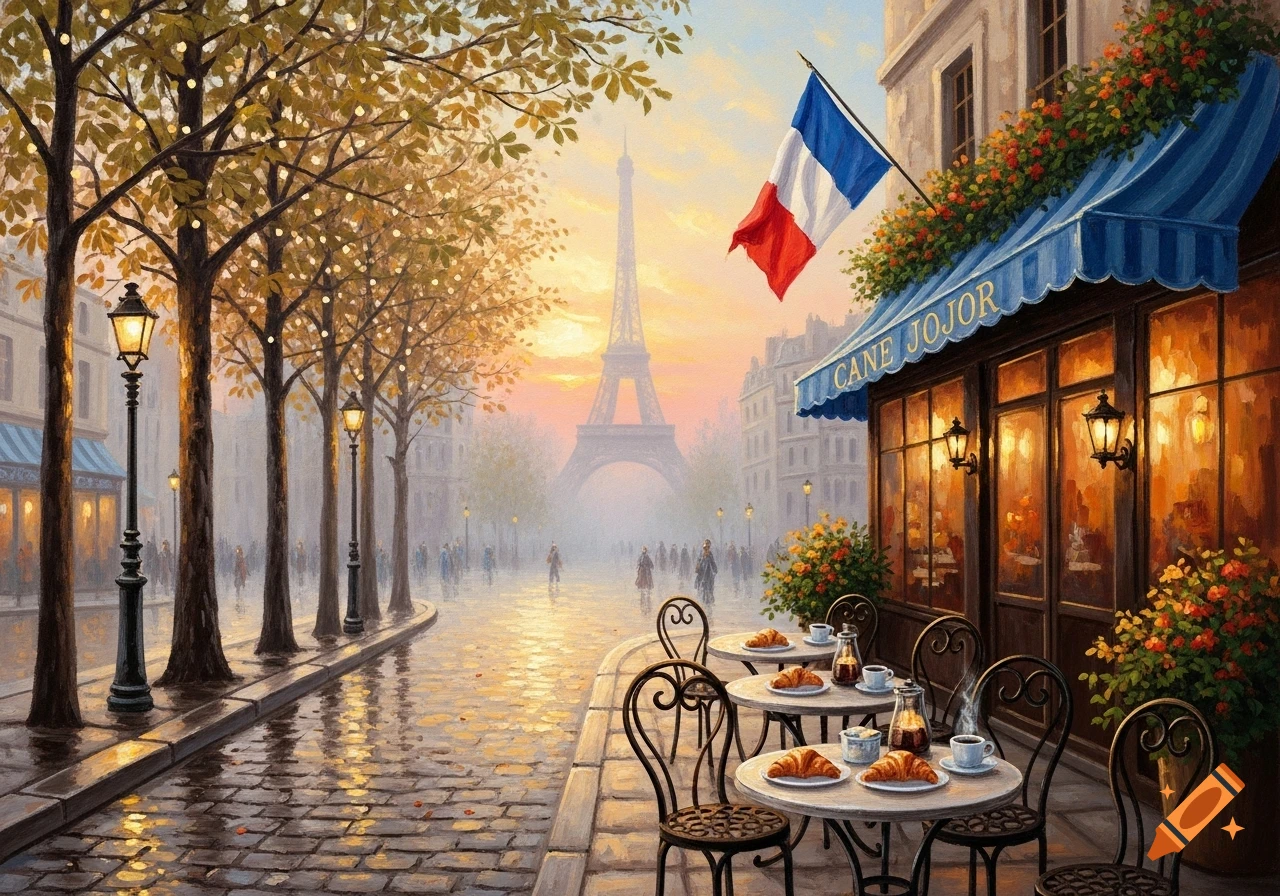 A vibrant oil painting of a misty Parisian street with the Eiffel Tower in the distance, a cafe with outdoor seating, and autumn trees.