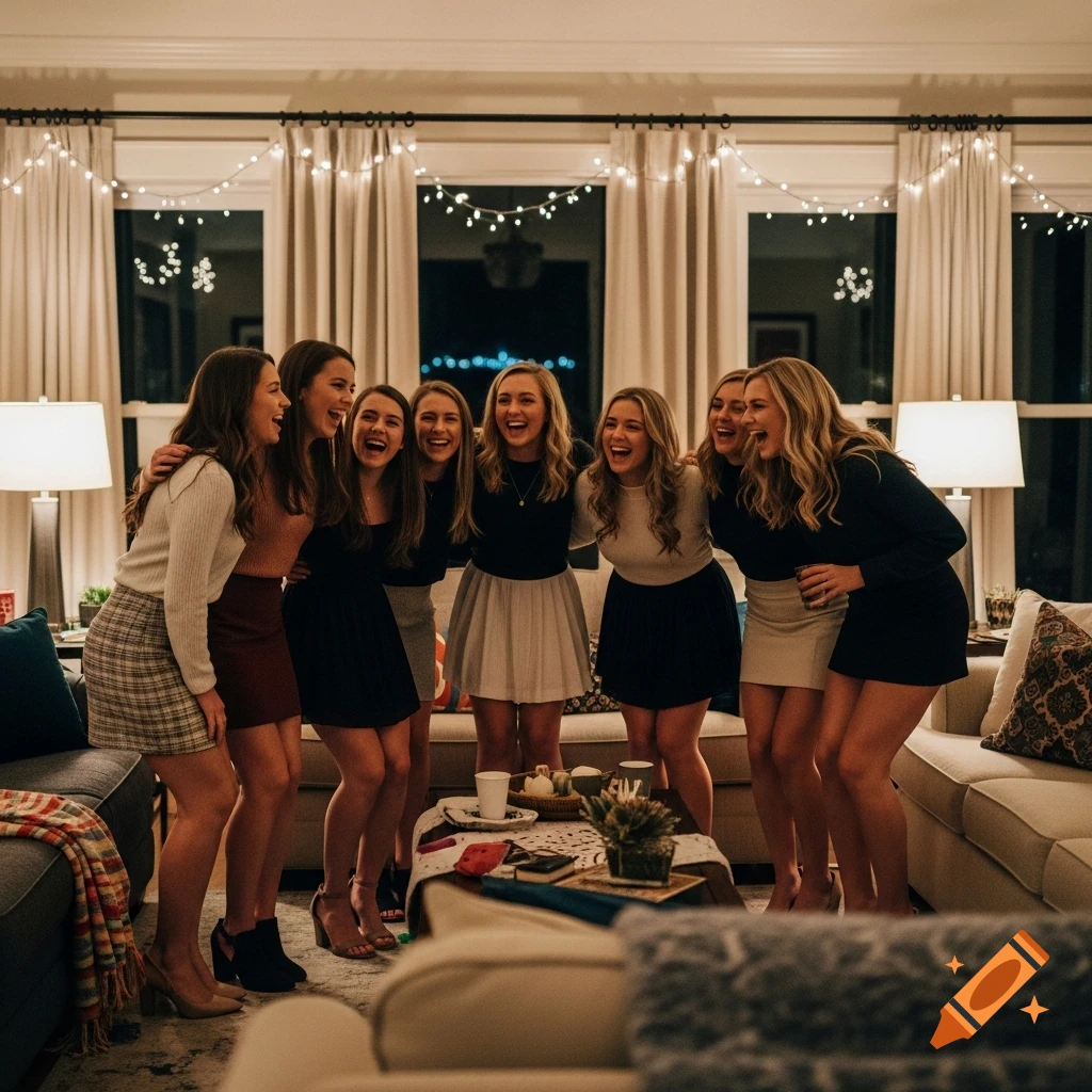 Group of young women laughing hysterically in a warmly lit living room with string lights.