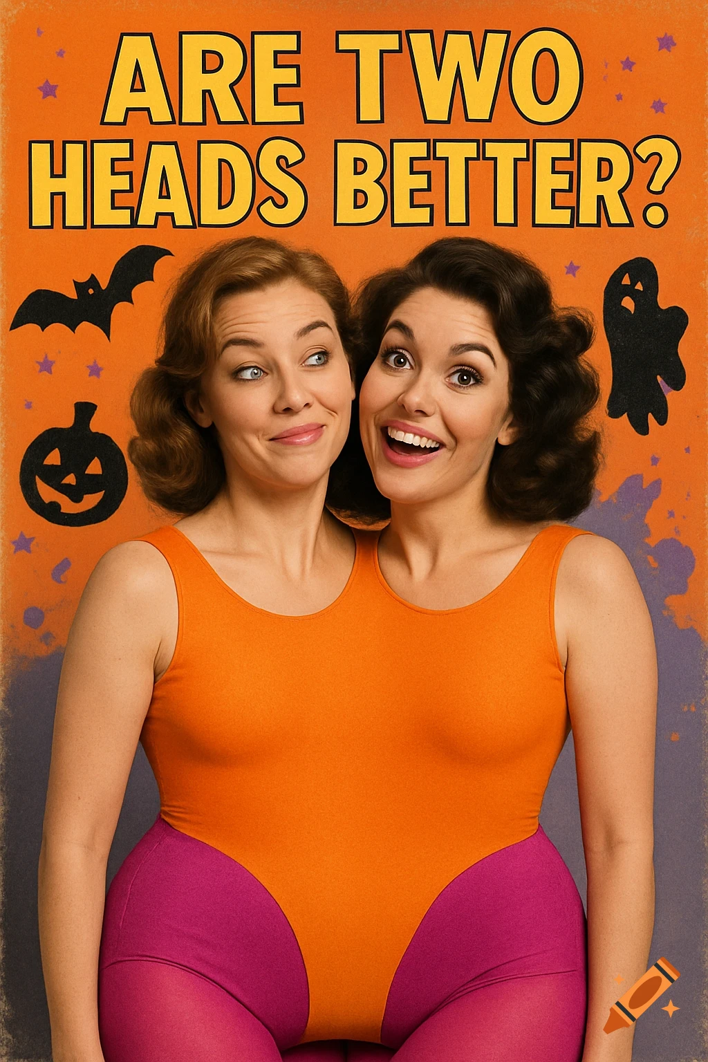 Two women with two heads on one body, wearing an orange leotard and pink tights, posing on a Halloween-themed background with text that reads "ARE TWO HEADS BETTER?" in a vintage poster style.