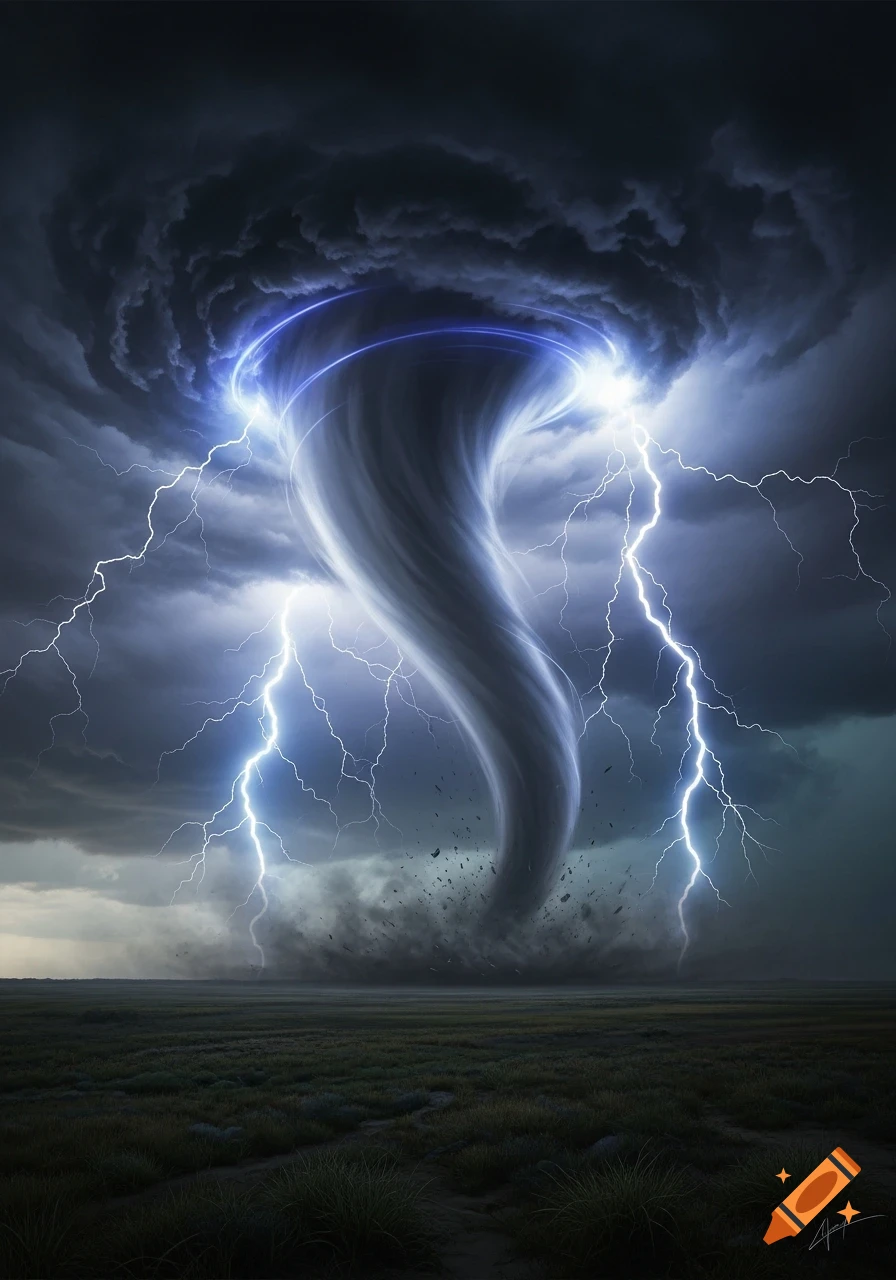 A powerful tornado with glowing blue energy rings and fierce lightning strikes churns over a dark field under a stormy sky.