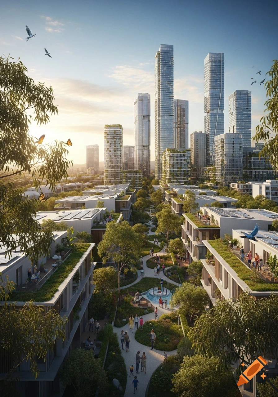 Photorealistic rendering of a modern urban community with skyscrapers, green-roofed buildings, and a winding park with people.