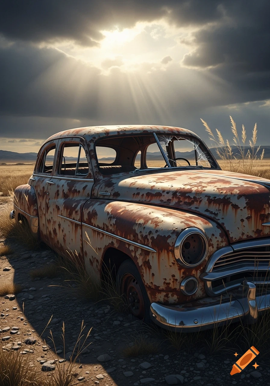 Photorealistic image of a heavily rusted old car with a broken windshield, abandoned in a sunlit grassy field under a dramatic cloudy sky.