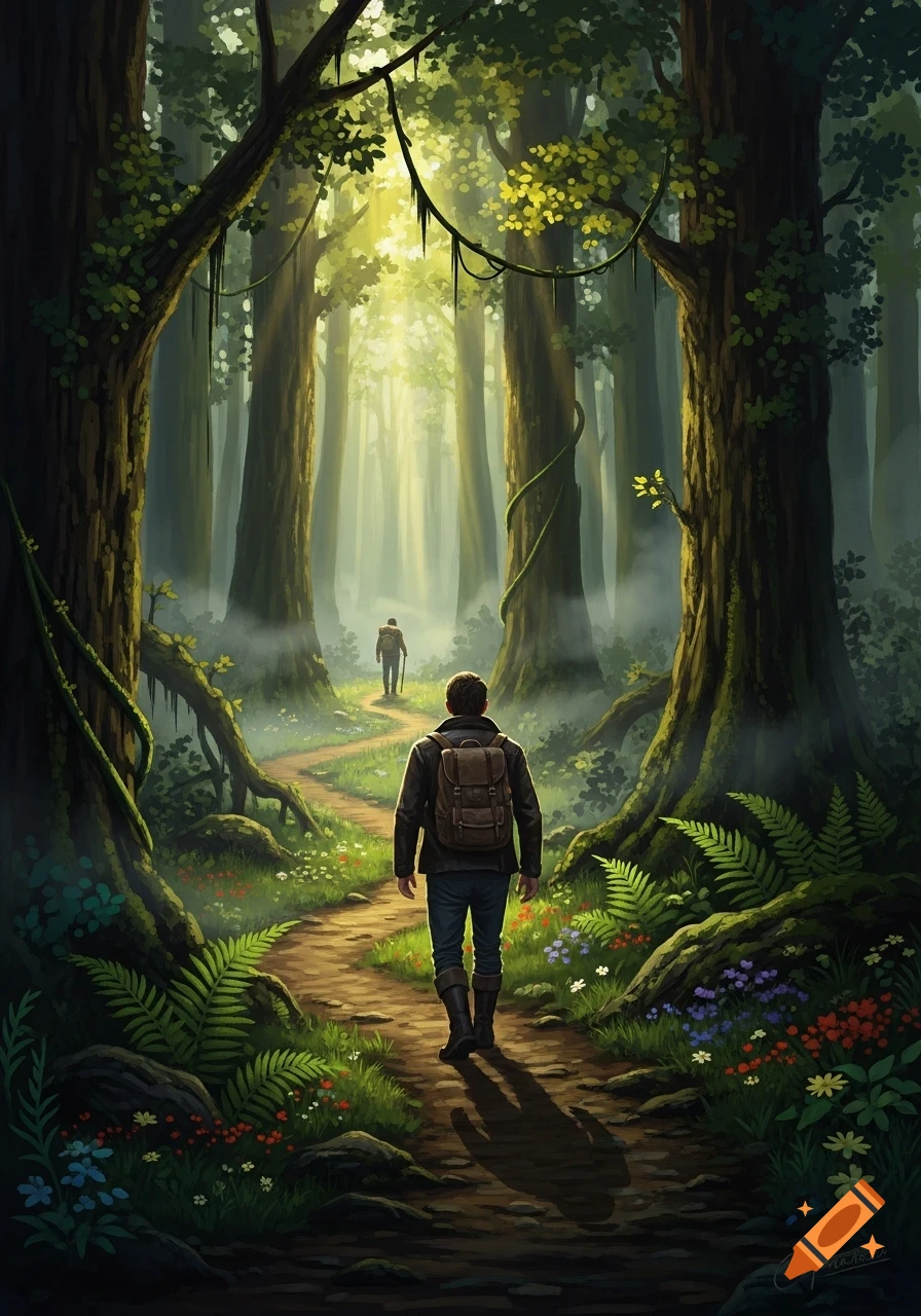 A man with a backpack walks on a winding path through a sun-dappled, misty forest, following another person.