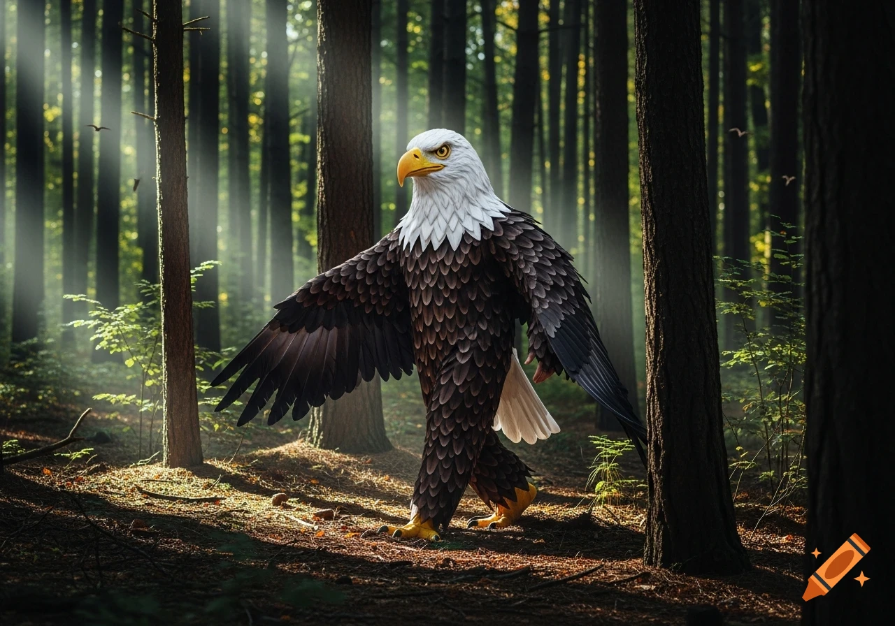 A person in a bald eagle costume walks through a sunlit forest, mimicking a grainy cryptozoology photo.
