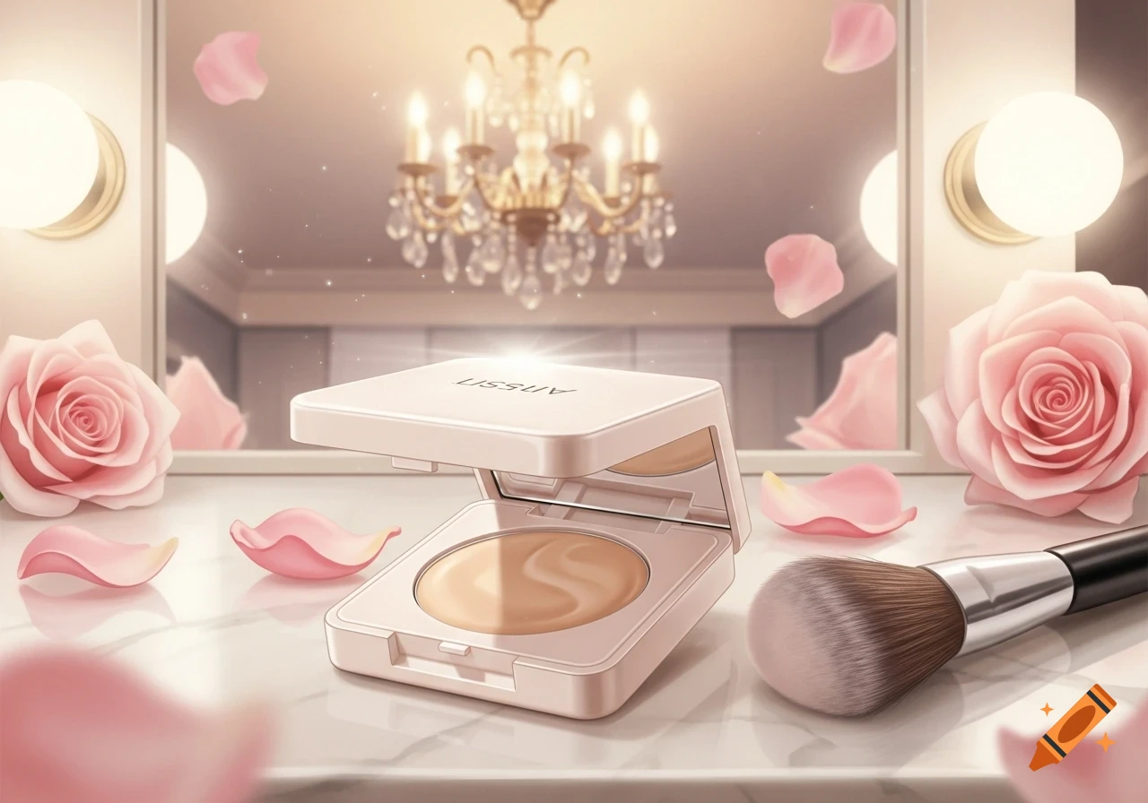 A light pink makeup compact, a fluffy brush, and pink roses on a marble vanity with a chandelier reflection.