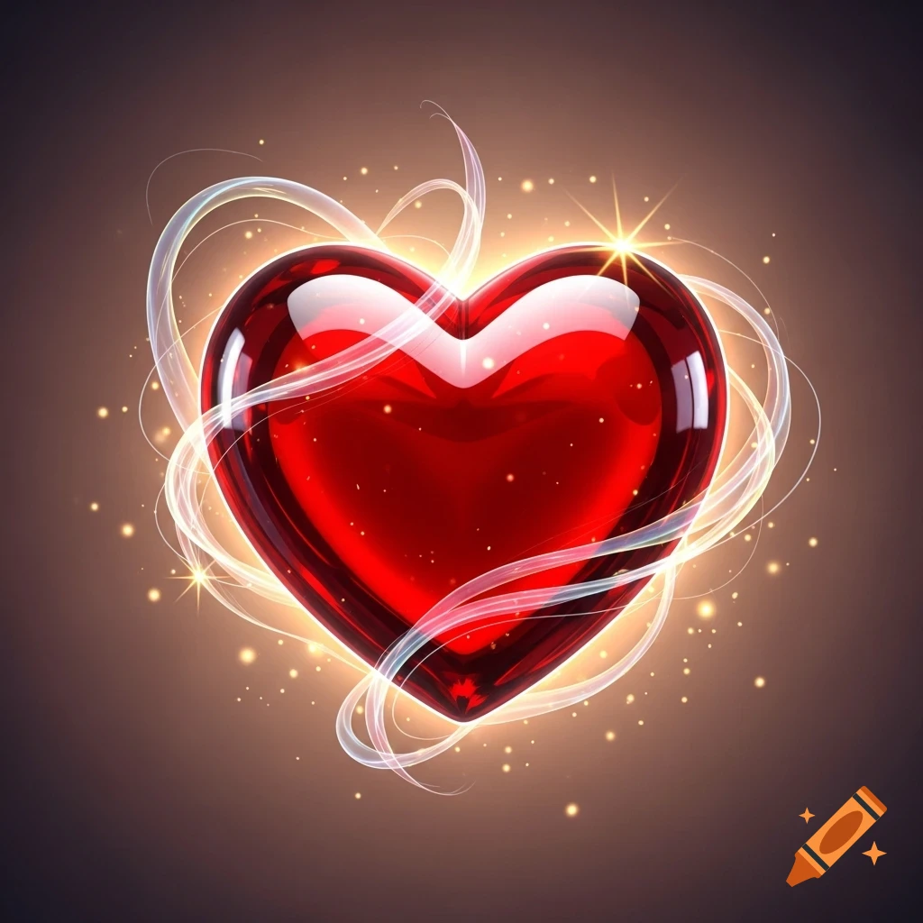 A shiny, glowing red heart surrounded by luminous white ribbons and golden sparkles on a dark background.