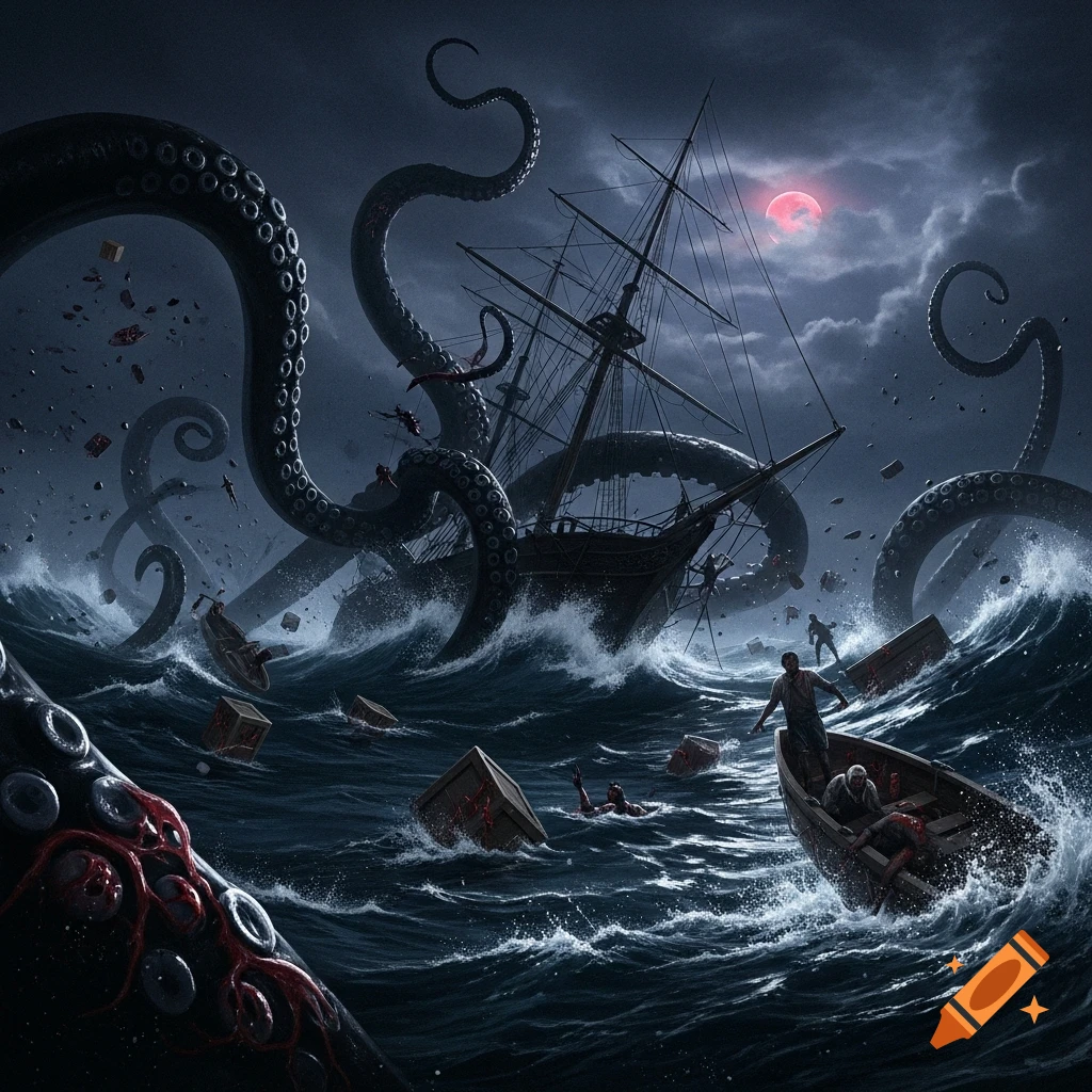 Giant kraken tentacles attack a sailing ship at night on stormy seas, with debris and people scattered in the water under a red moon.
