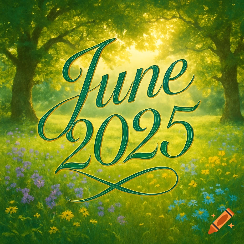 Lush green meadow with sunlit trees and wildflowers, featuring "June 2025" in elegant green script.