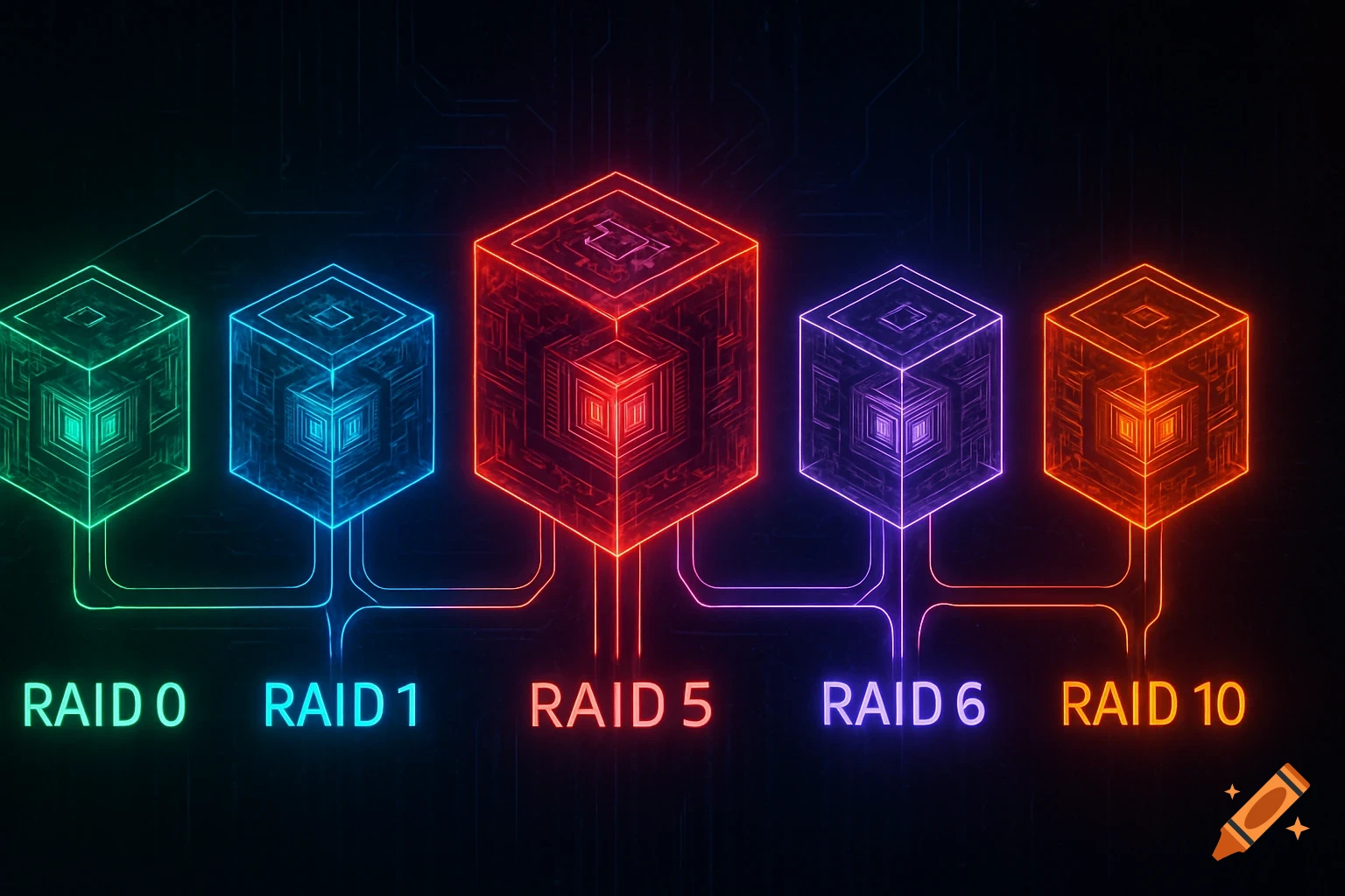 Five glowing neon-outlined digital cubes representing RAID levels 0, 1, 5, 6, and 10, connected by circuit lines on a dark background.