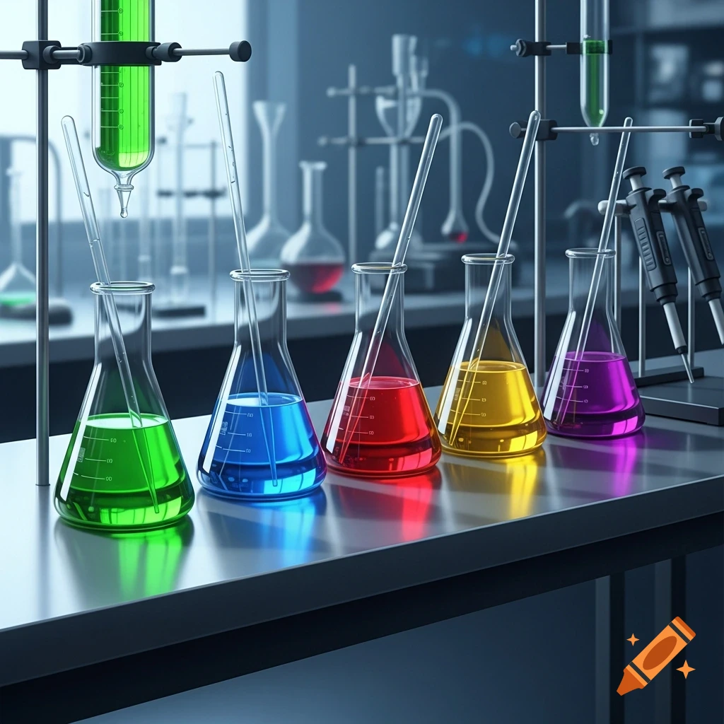 Photorealistic image of a laboratory table with five Erlenmeyer flasks containing colorful liquids and glass stirring rods, surrounded by lab equipment.