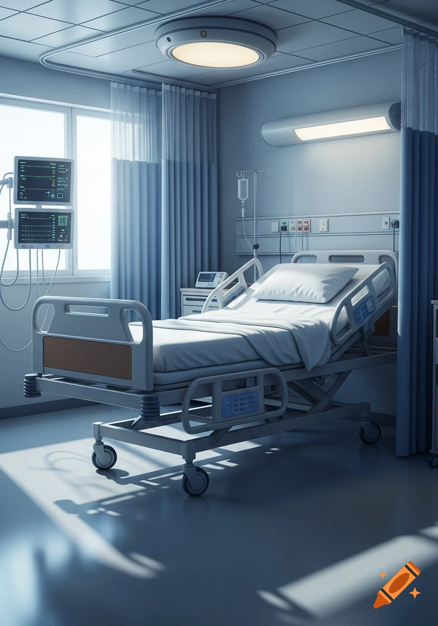 A photorealistic image of an empty hospital room with a medical bed,  patient monitors, and light pouring in from a window. on Craiyon, image size:896x1280