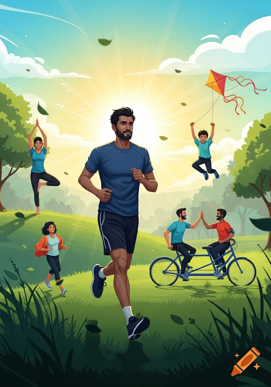 Illustration of people exercising in a sunny park, including a runner, a woman doing yoga, a boy flying a kite, and two men on a tandem bike.