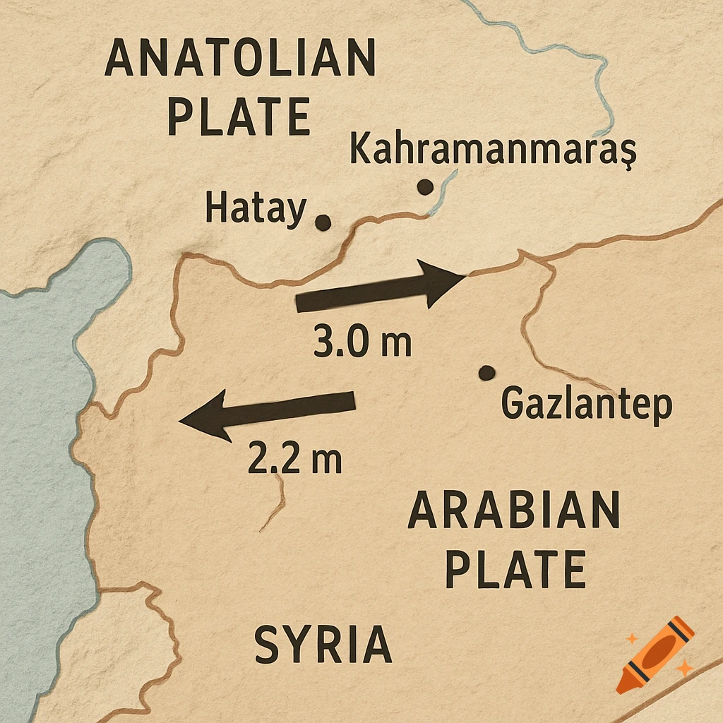 A geological map showing the Anatolian and Arabian plates near Turkey and Syria, with arrows indicating 3.0 m and 2.2 m displacement.