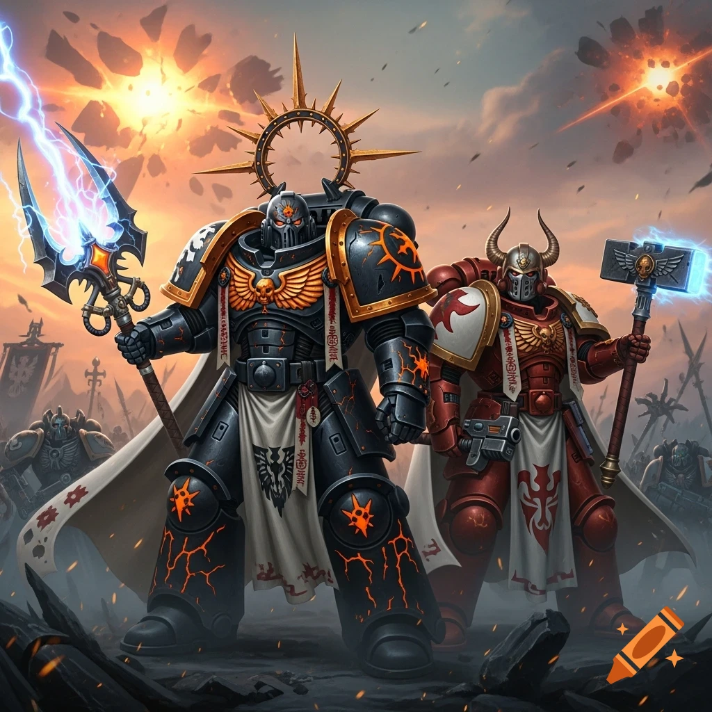 Two armored warriors with ornate weapons stand heroically on a battlefield under an explosive sky, in a grimdark concept art style.