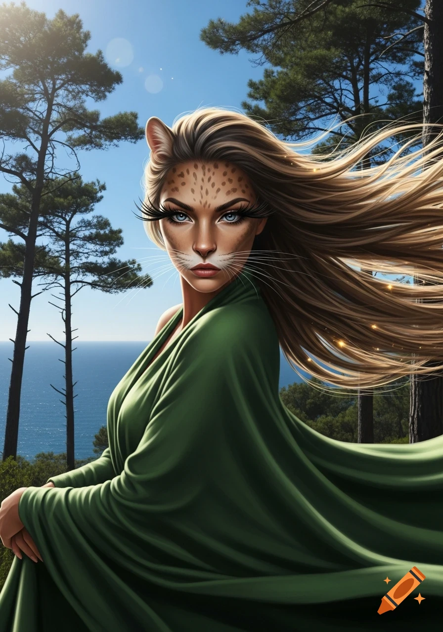 Digital art portrait of a woman with leopard spots, cat ears, and long flowing blonde hair in a green robe, with pine trees and sea in the background.