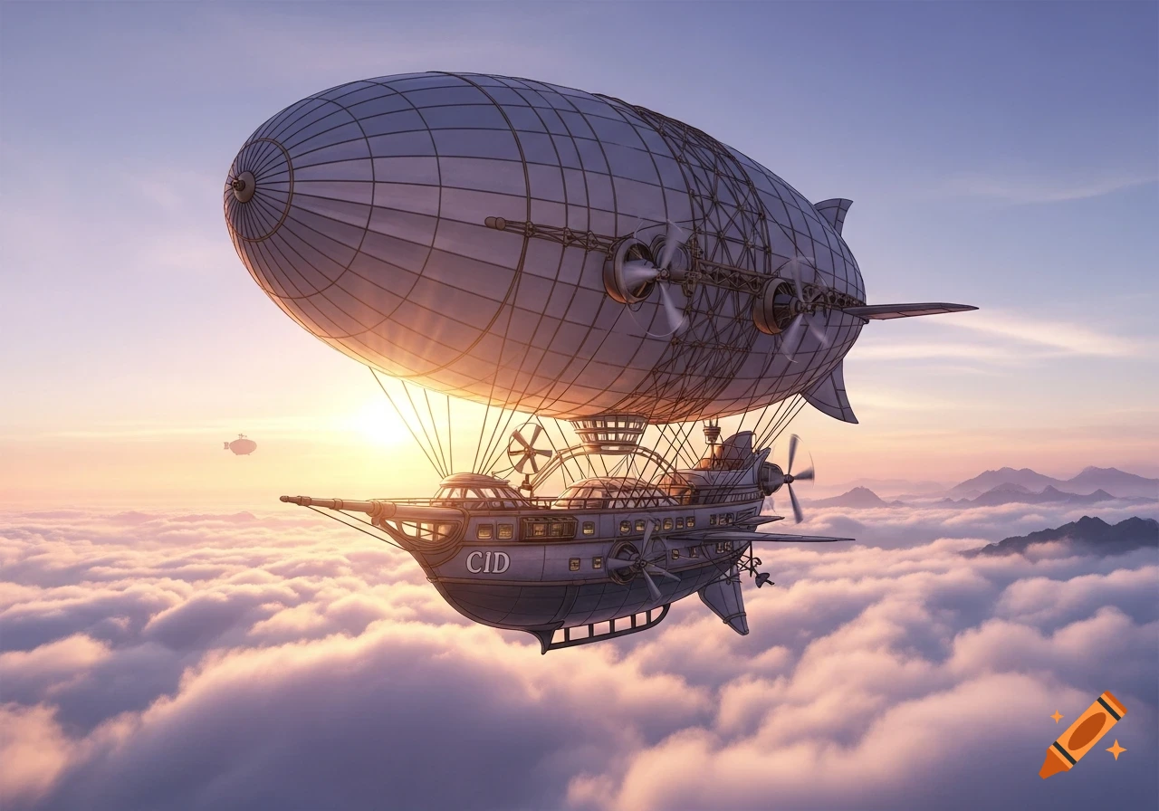 A large steampunk airship with 'CID' on its side flies over clouds at sunset, with mountains in the distance.