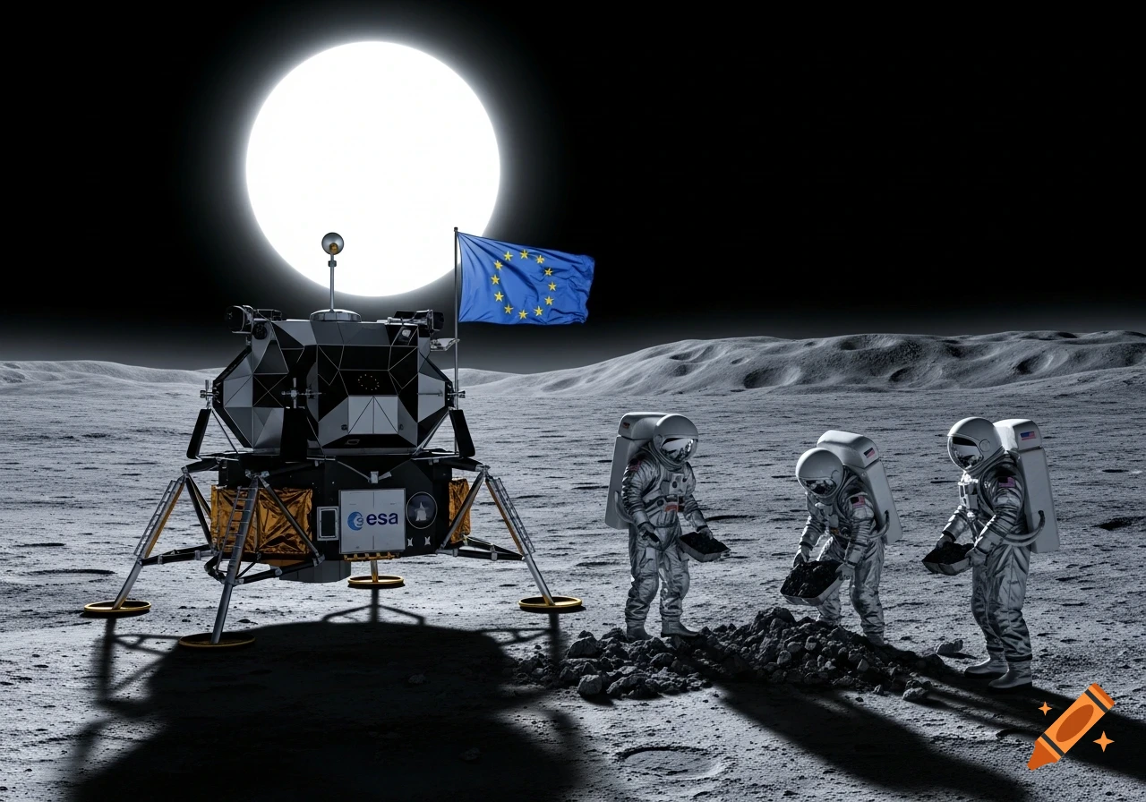 Three astronauts collect samples on a moon-like surface next to an ESA lander and European Union flag under a bright white sun.