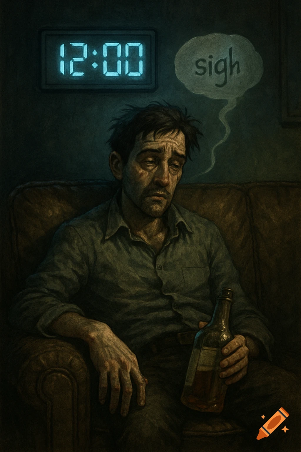 A moody digital painting of an exhausted man with messy hair on a sofa, holding an alcohol bottle, a clock reading 12:00, and a thought bubble saying 'sigh'.