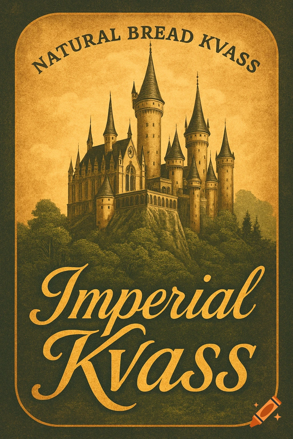 Vintage-style label with a majestic Hogwarts-like castle on a hill, text reads "NATURAL BREAD KVASS" and "Imperial Kvass".