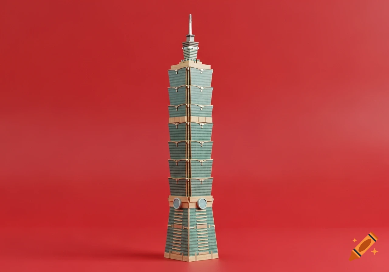 A stylized model of the Taipei 101 building constructed from light wooden Jenga blocks on a plain red background.