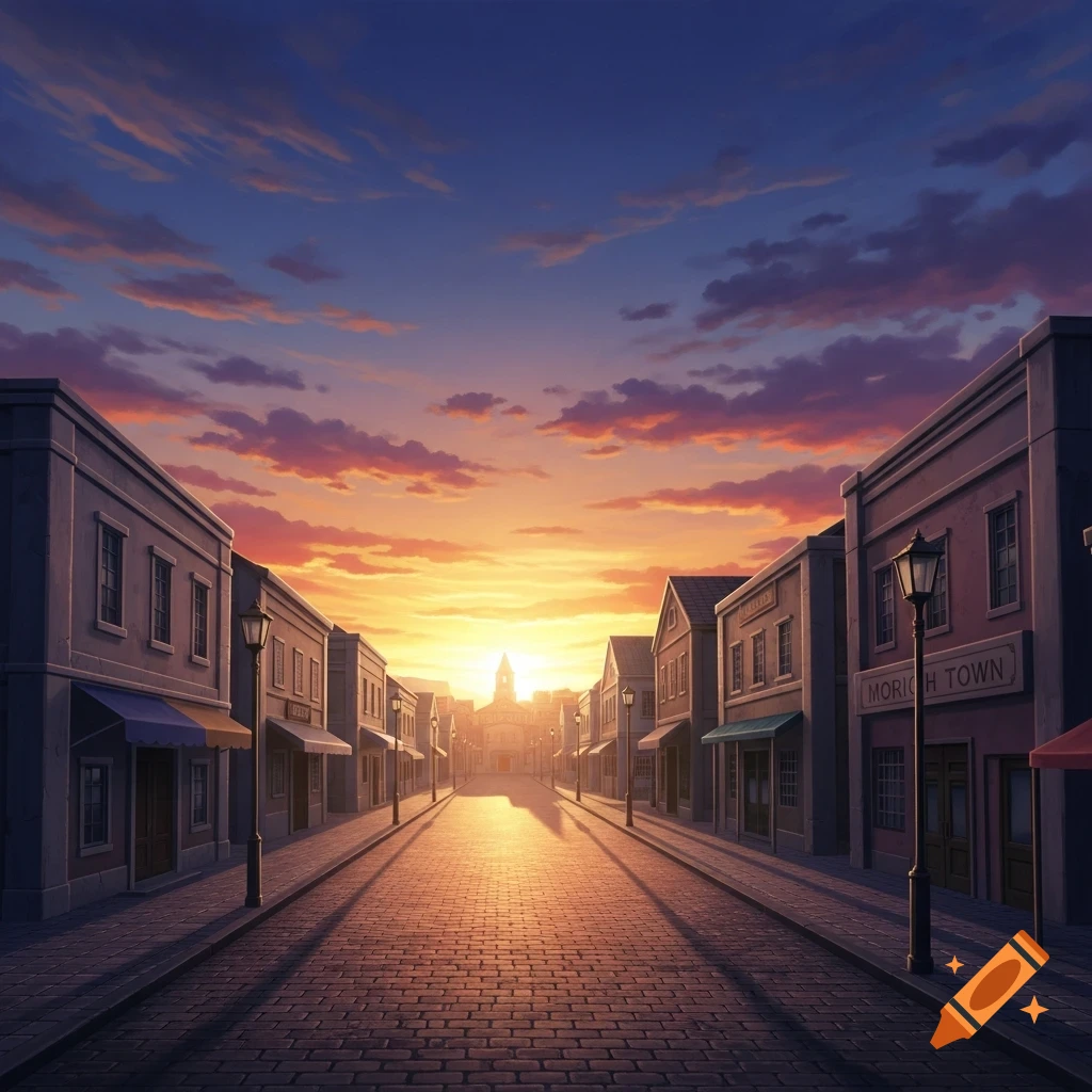 Stylized illustration of a town street at sunset, with buildings lining both sides and a vibrant orange and purple sky.