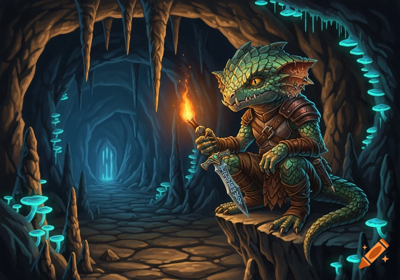 A green, scaly kobold in leather armor holds a torch and dagger, crouching in a dark fantasy cave with glowing blue mushrooms.