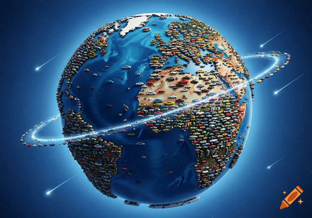 A conceptual image of the Earth, depicted as a globe made entirely out of countless small, colorful cars, with a luminous ring of cars orbiting it in space.