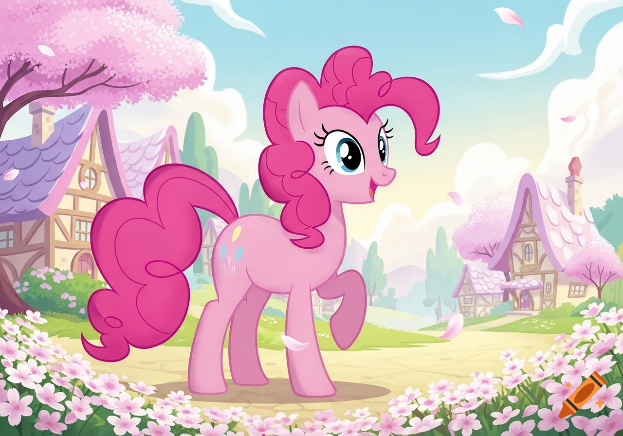 Pinkie Pie, a pink pony from My Little Pony, stands happily in a cartoon village with cherry blossoms.