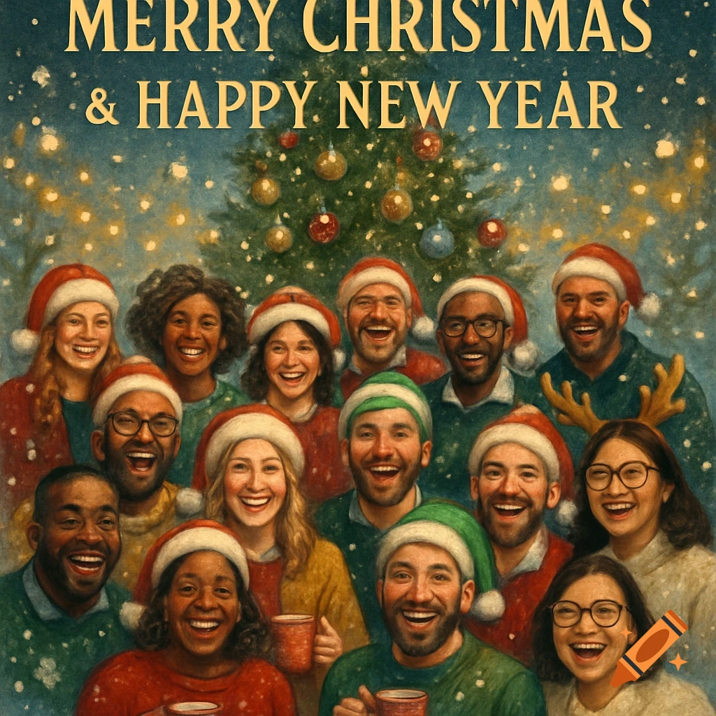 A diverse group of smiling people wearing Santa hats and other festive headwear stand in front of a decorated Christmas tree with falling snow. The text 'MERRY CHRISTMAS & HAPPY NEW YEAR' is at the top in a painterly style.
