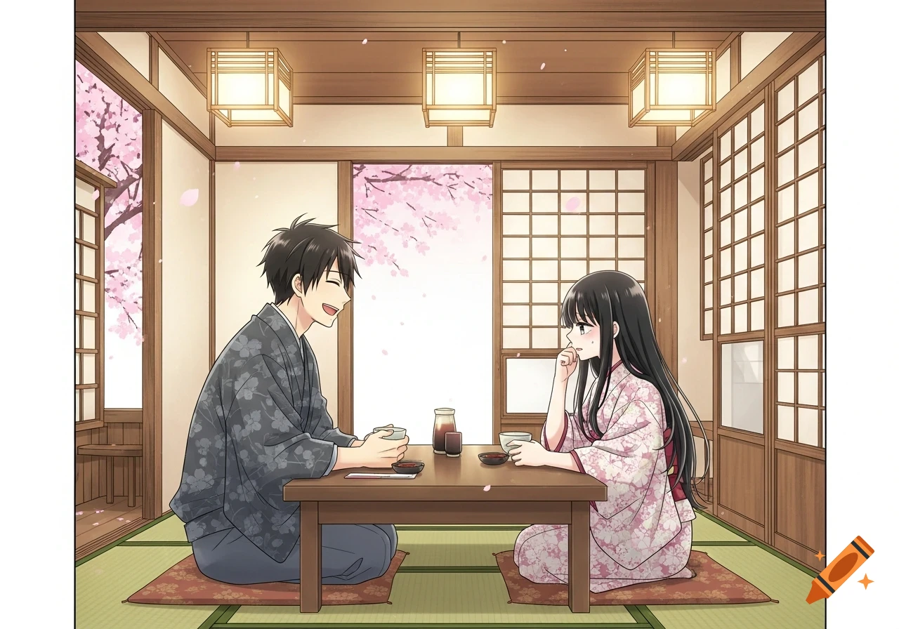 Anime man and woman in kimonos having tea at a table in a traditional Japanese room with cherry blossoms outside.