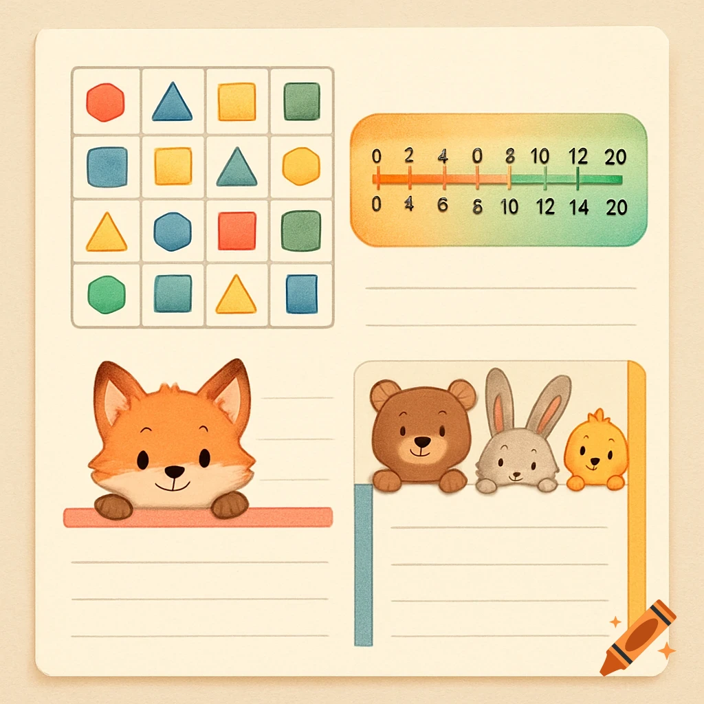 A colorful children's worksheet with geometric shapes, numbers on a scale, and peeking cartoon animals like a fox, bear, rabbit, and chick.