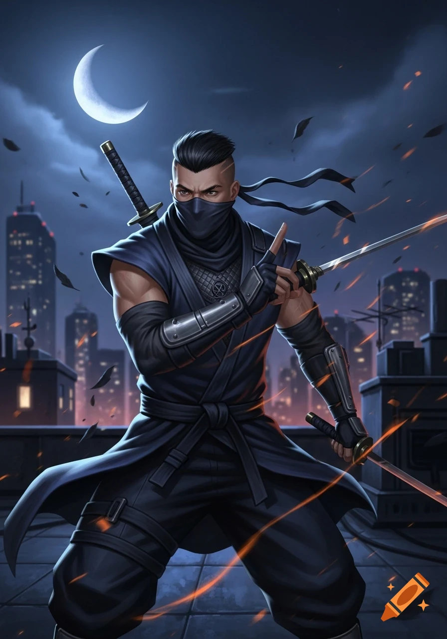 A masked ninja in a dark blue gi on a city rooftop at night, holding two swords under a crescent moon.