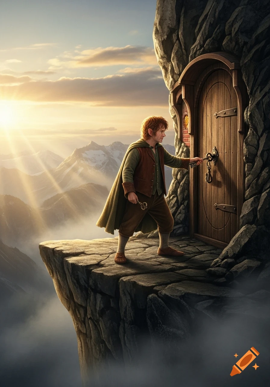 A hobbit-like figure on a mountain cliff edge, unlocking a wooden door in the rock, with sunlit mountains behind them.